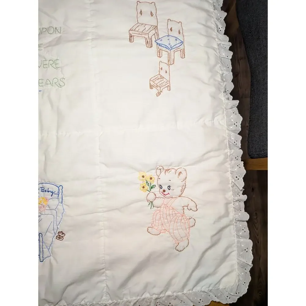 Vtg Hand-Embroidered Three Bears Baby Quilt Goldilocks Nursery Blanket 35